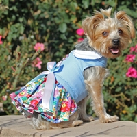 Blue and White Pastel Pearls Floral Dog Dress with Matching Leash- XSm-LG