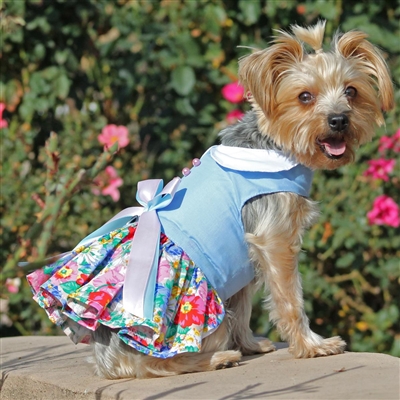 Blue and White Pastel Pearls Floral Dog Dress with Matching Leash- XSm-LG