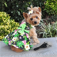 Twilight Black Hawaiian Hibiscus Dog Dress with Matching Leash- XSm-LG