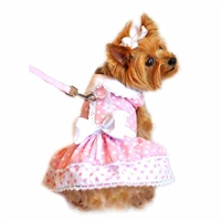 Creamy Pink Polka Dot and Lace Dog Dress Set with Leash - Xsm-Lg