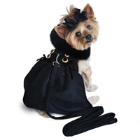 Black Wool Dog Coat Harness - Faux Fur Collar - w/Matching Leash-XSmall-XLarge