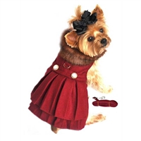 Wool Fur-Trimmed Dog Harness Coat With Matching Leash- Burgundy-XSmall-XLarge