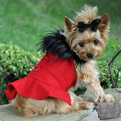 Wool Fur-Trimmed Dog Harness Coat by Doggie Design - Red -XSmall-XLarge